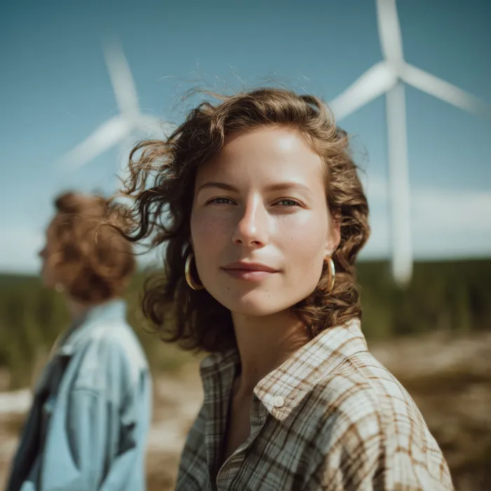 Frau vor Windrädern